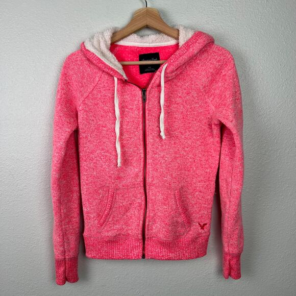 American Eagle Outfitters Small Fleece Lined Full Zip Sweater Hoodie Bright Pink - Picture 1 of 12